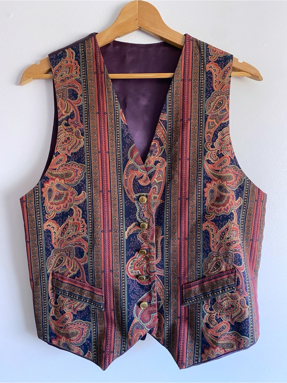 Vintage Paisley Striped Button Vest in Navy and Rust